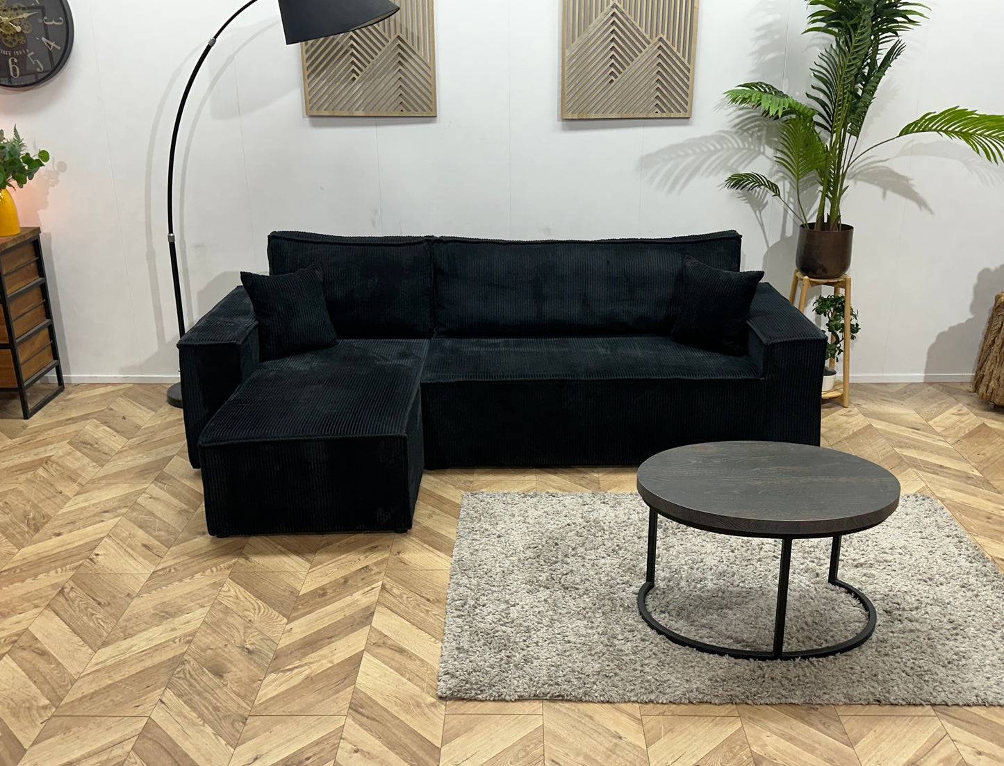 !Showroommodel! Zwarte Ribstof Hoekbank ~ Slaapfunctie