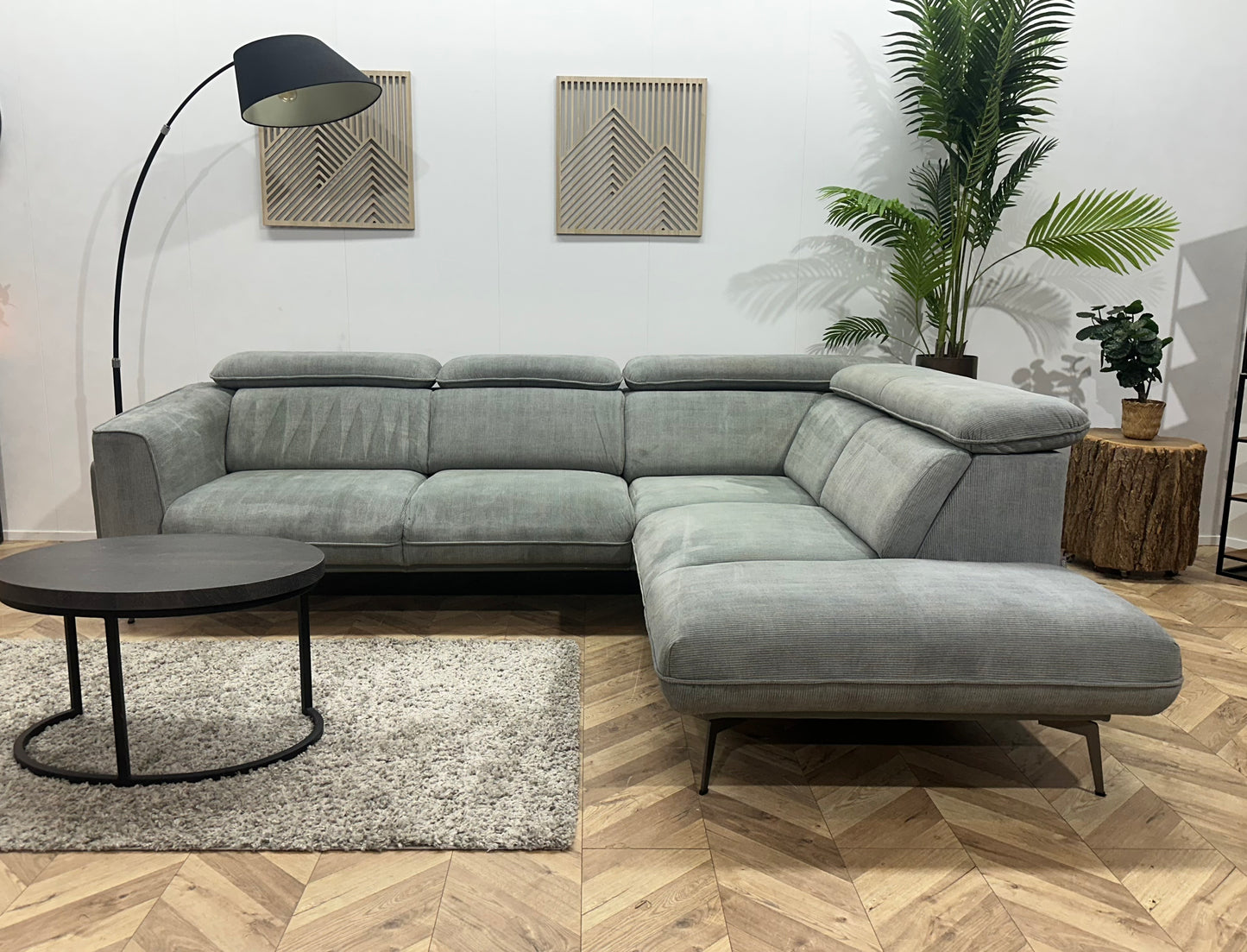 Xooon Licht Grijze/Blauwe Ribstof Hoekbank ~ Verstelbare Hoofdsteunen