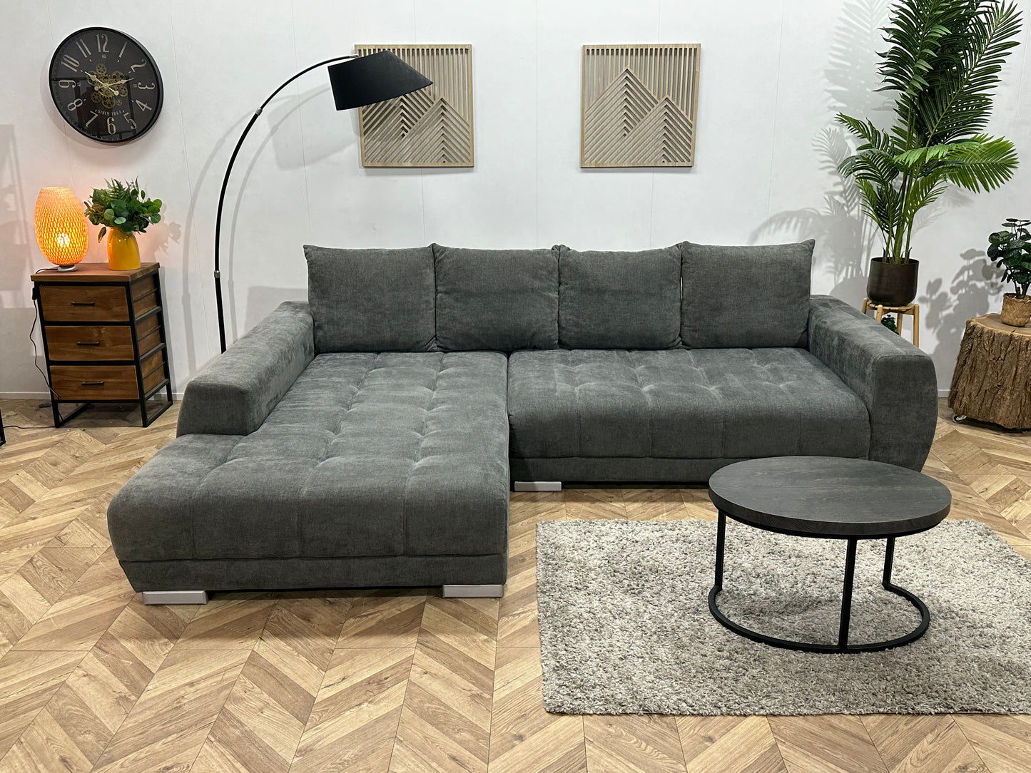Antraciet Ruime Suede Stoffen Hoekbank ~ Nieuwstaat