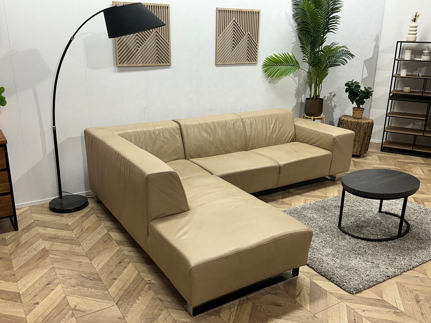 Goossens Crème Echt Lederen Hoekbank ~ Vaste Kussens