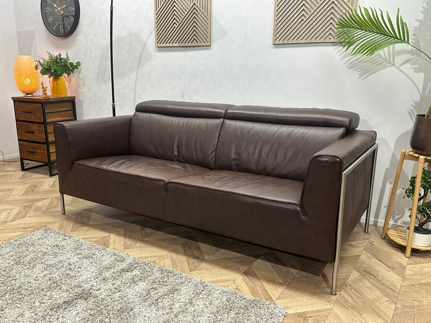 Bruine Echt Lederen 2.5-Zits Bank ~ Verstelbare Hoofdsteunen