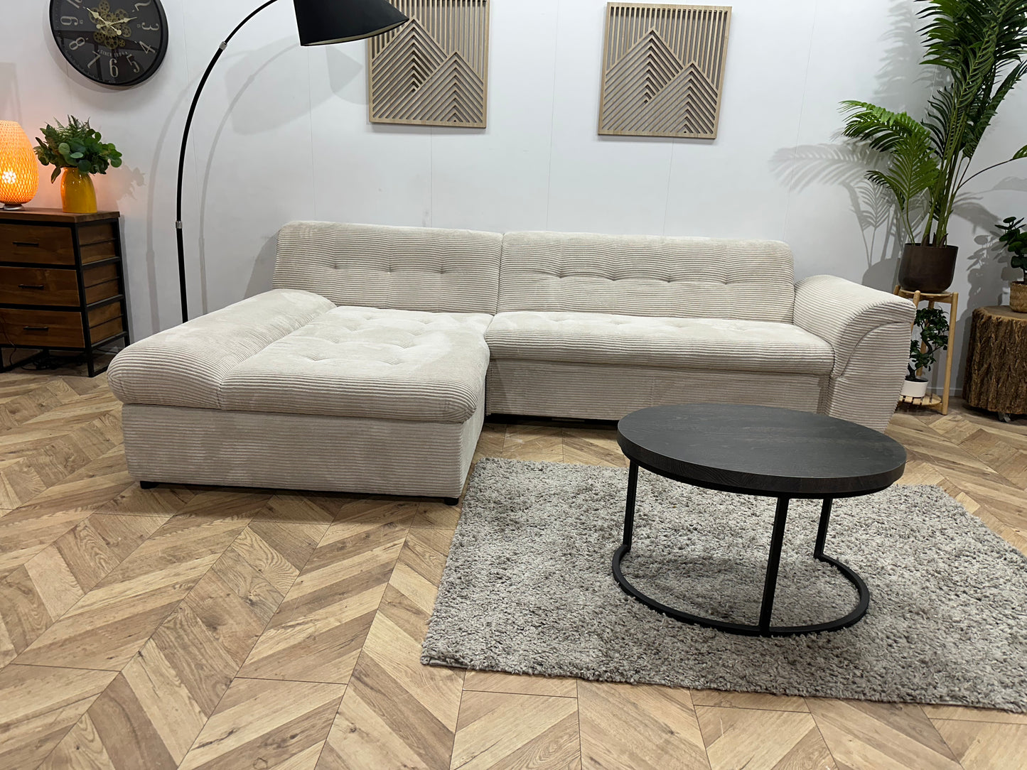 !Showroommodel! Crème Ribstof Hoekbank ~ Opbergruimte