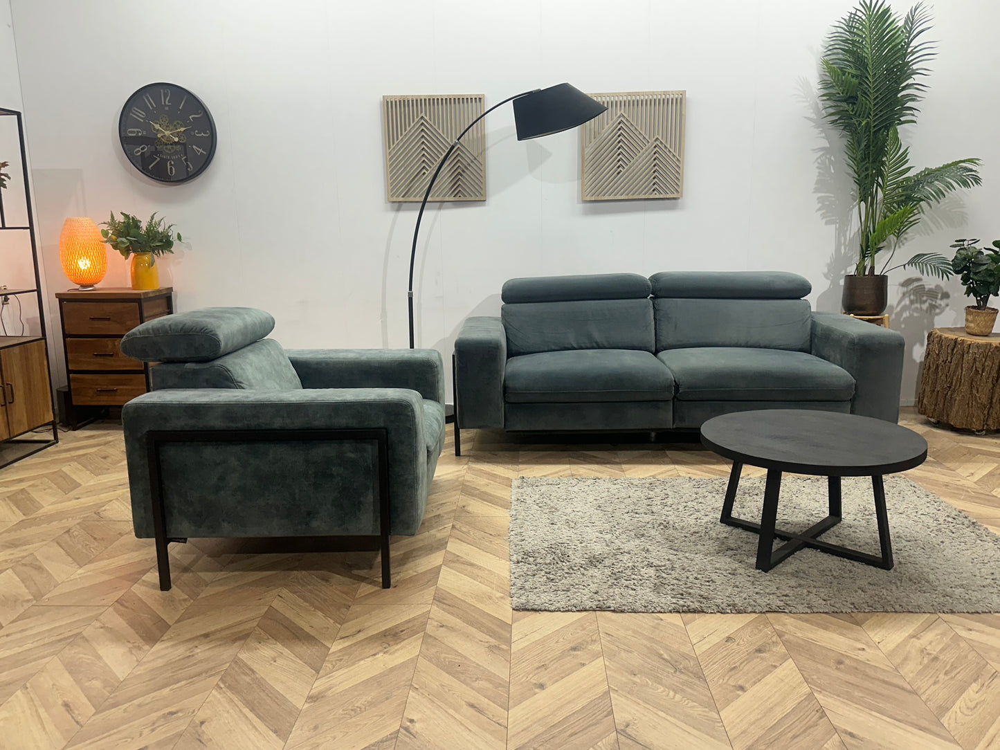 Feelings Blauw/Grijze Velvet 2,5-Zits Bank Inc Groen/Grijze Velvet Fauteuil ~ Verstelbare Hoofdsteunen
