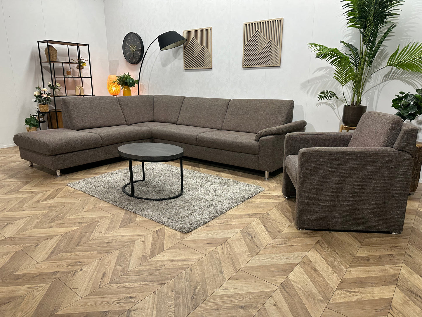 Grijze/Bruine Hoekbank Inc Fauteuil ~ Vaste Kussens