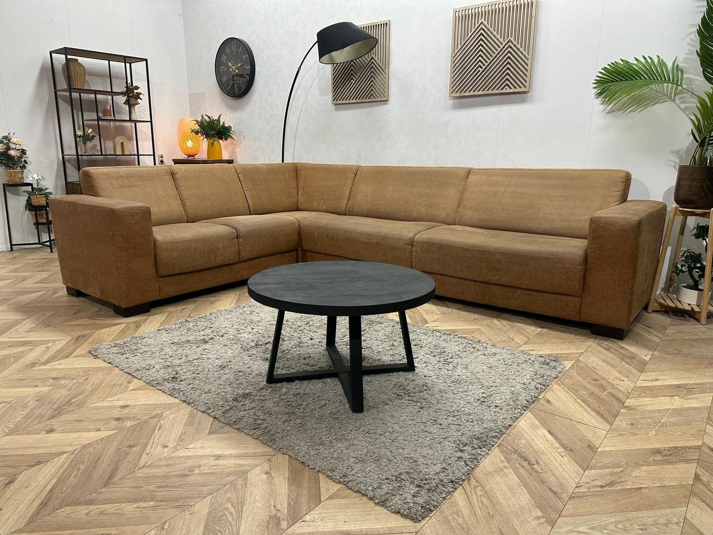 Cognac Bruine Suède Stoffen Hoekbank ~ Vaste Kussens