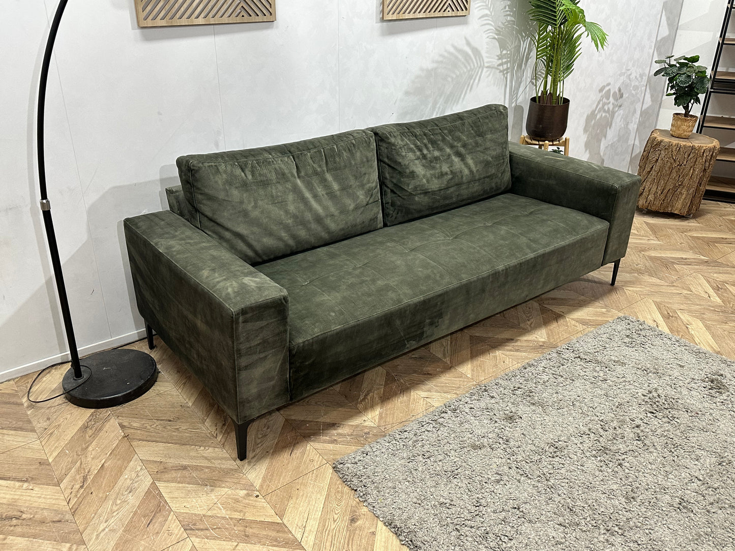 Groene Velvet 2.5-Zits Bank Inc Hocker ~ Losse Rugkussens Met Afneembare Hoezen