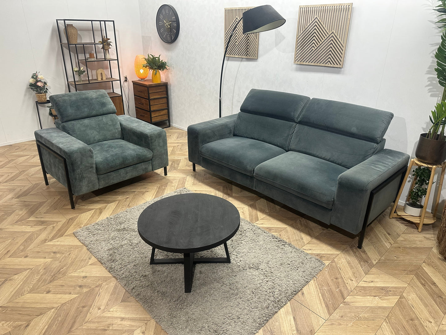 Feelings Blauw/Grijze Velvet 2,5-Zits Bank Inc Groen/Grijze Velvet Fauteuil ~ Verstelbare Hoofdsteunen