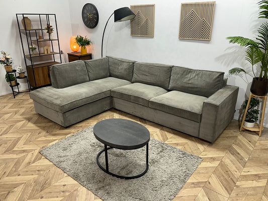 Woood Grijze Ribstof Hoekbank ~ Losse Kussens Met Afneembare Hoezen