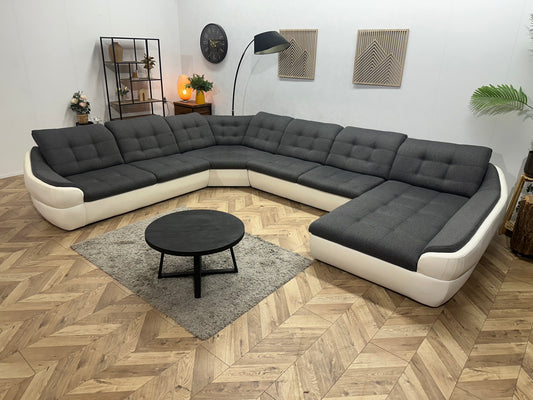Antraciet/Witte Stoffen/Leather Look U Bank ~ Vaste Kussens