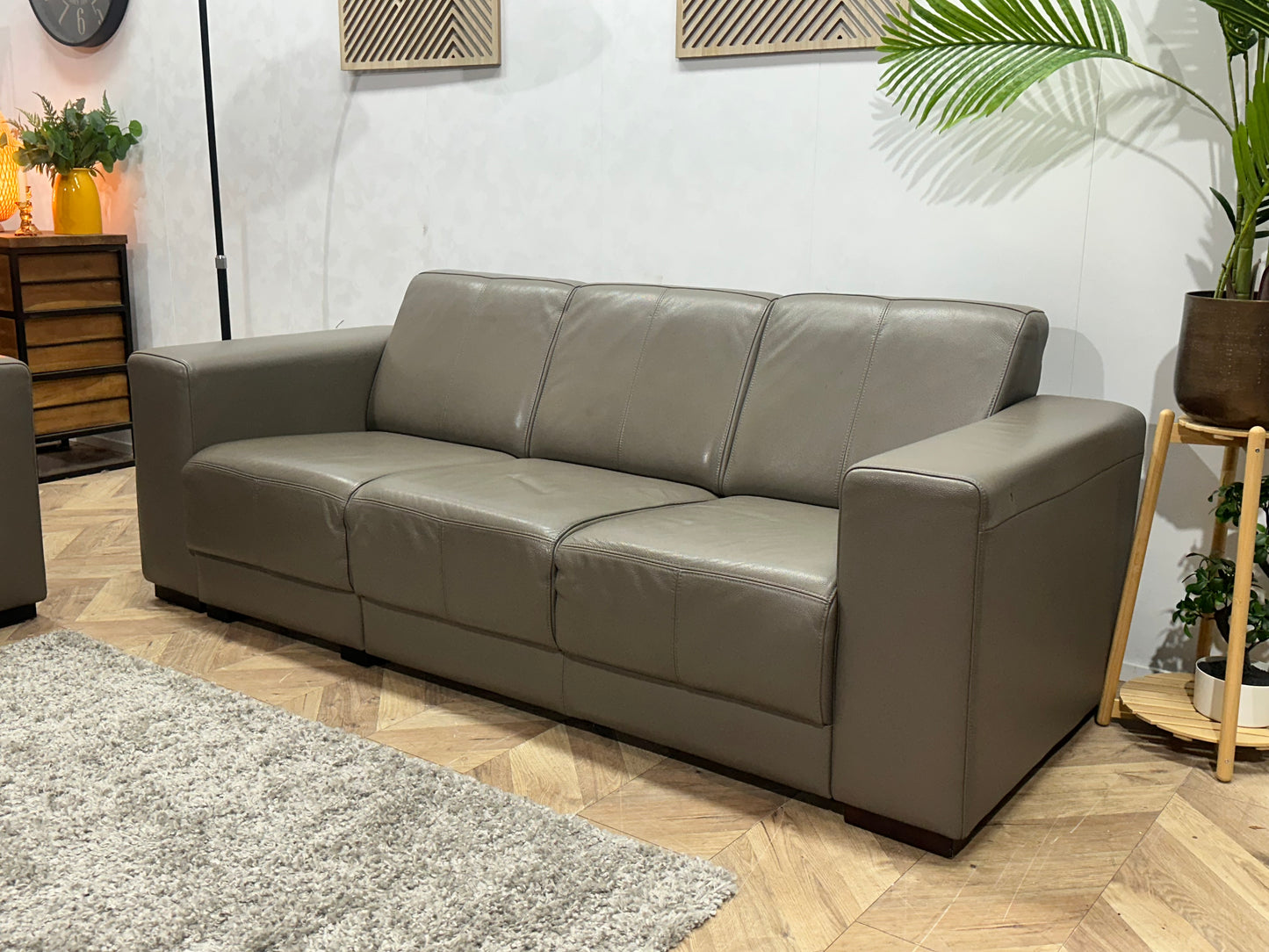 Taupe Echt Lederen 3-Zits Bank Inc Fauteuil ~ Vaste Kussens