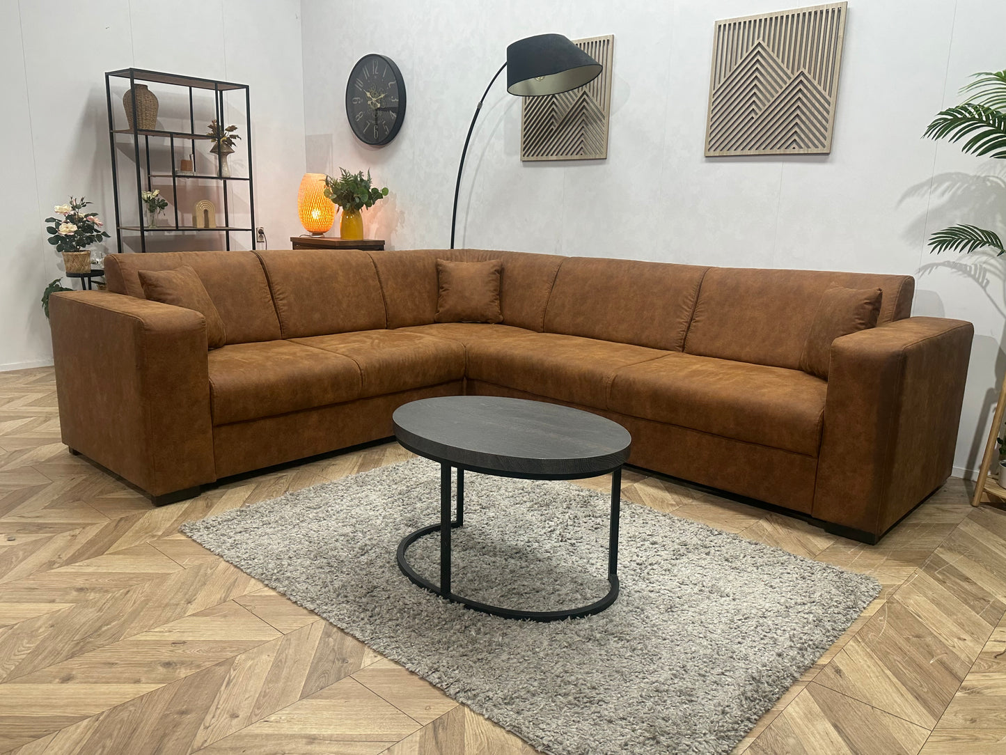 !Showroommodel! Cognac Bruine Suède Stoffen Hoekbank
