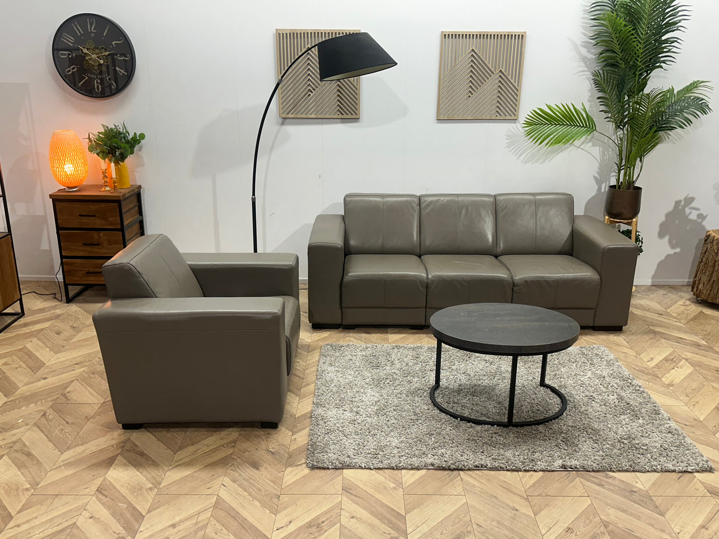 Taupe Echt Lederen 3-Zits Bank Inc Fauteuil ~ Vaste Kussens