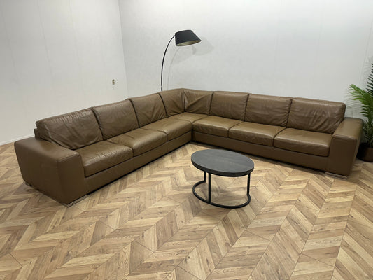 Bruin Echt Lederen Ruime Hoekbank ~ Vaste Kussens