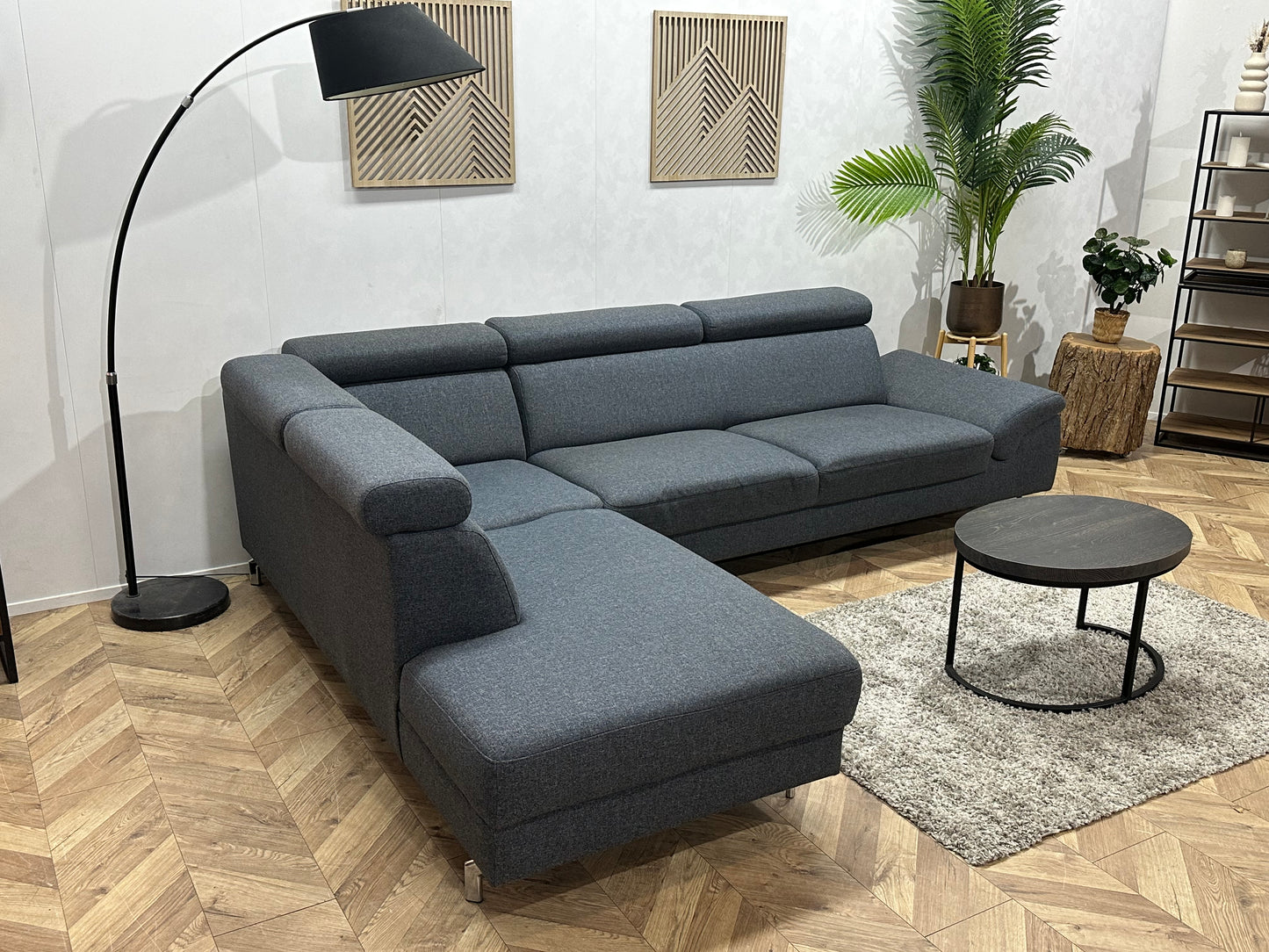 Montèl Blauwe/Grijze Hoekbank ~ Verstelbare Arm/Hoofdsteunen