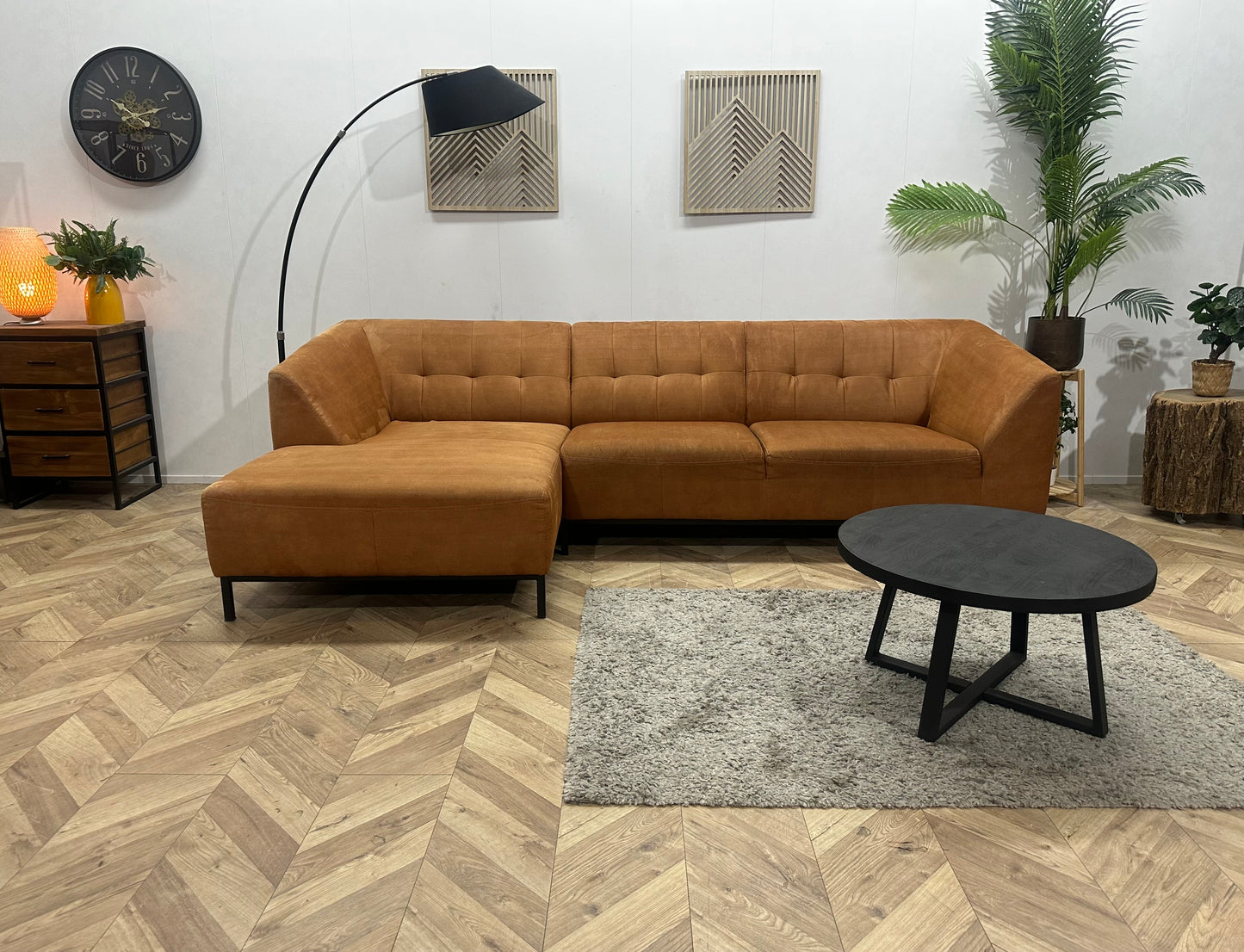 Cognac Bruine Suède Stoffen Hoekbank ~ Vaste Kussens