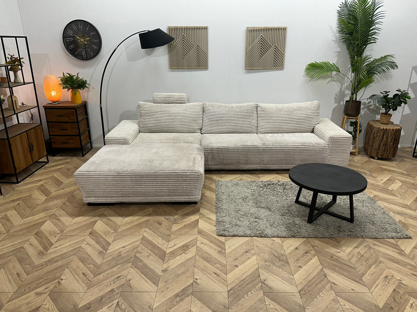 Witte Ribstof Hoekbank ~ Vaste Kussens