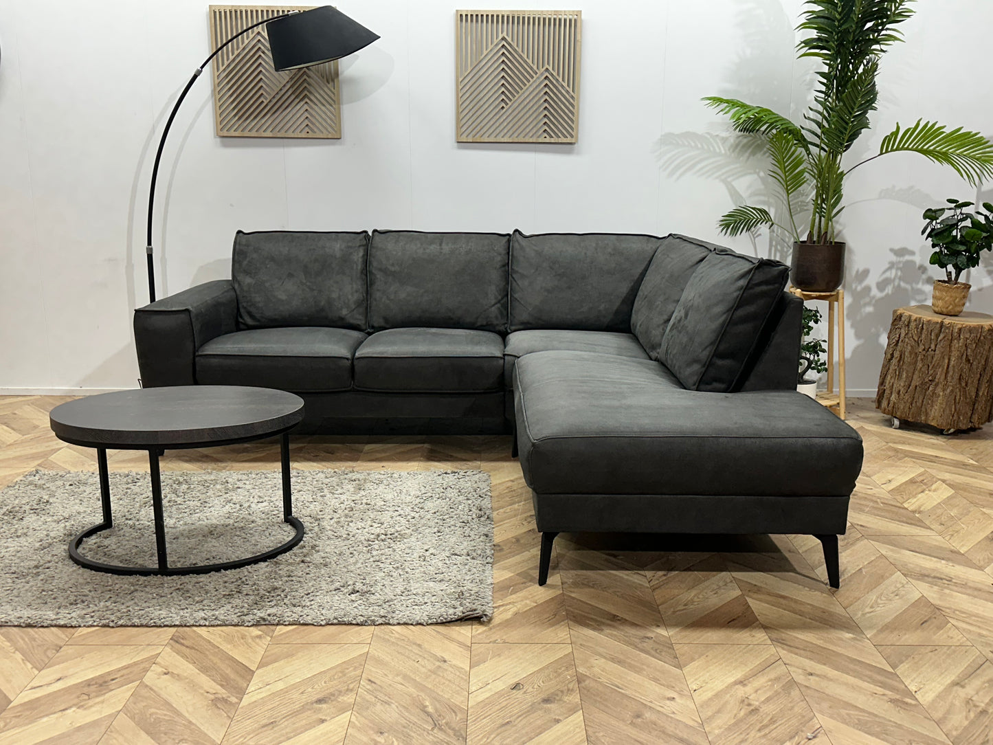 Antraciet Suède Stoffen Hoekbank ~ Losse Rugkussens Met Afneembare Hoezen