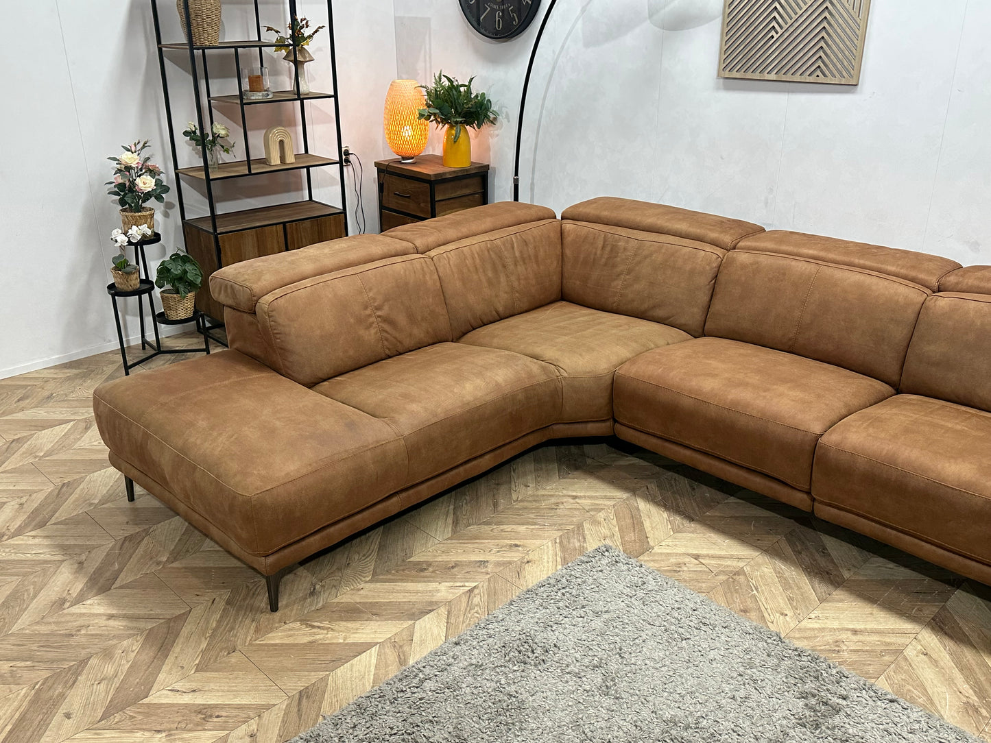 Cognac Bruine Suede Stoffen Hoekbank ~ Relaxfunctie