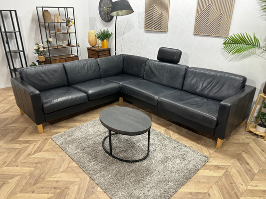 Zwarte Echt Lederen Hoekbank ~ Losse Kussens Met Afneembare Hoezen