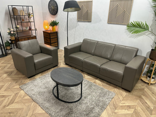 Taupe Echt Lederen 3-Zits Bank Inc Fauteuil ~ Vaste Kussens