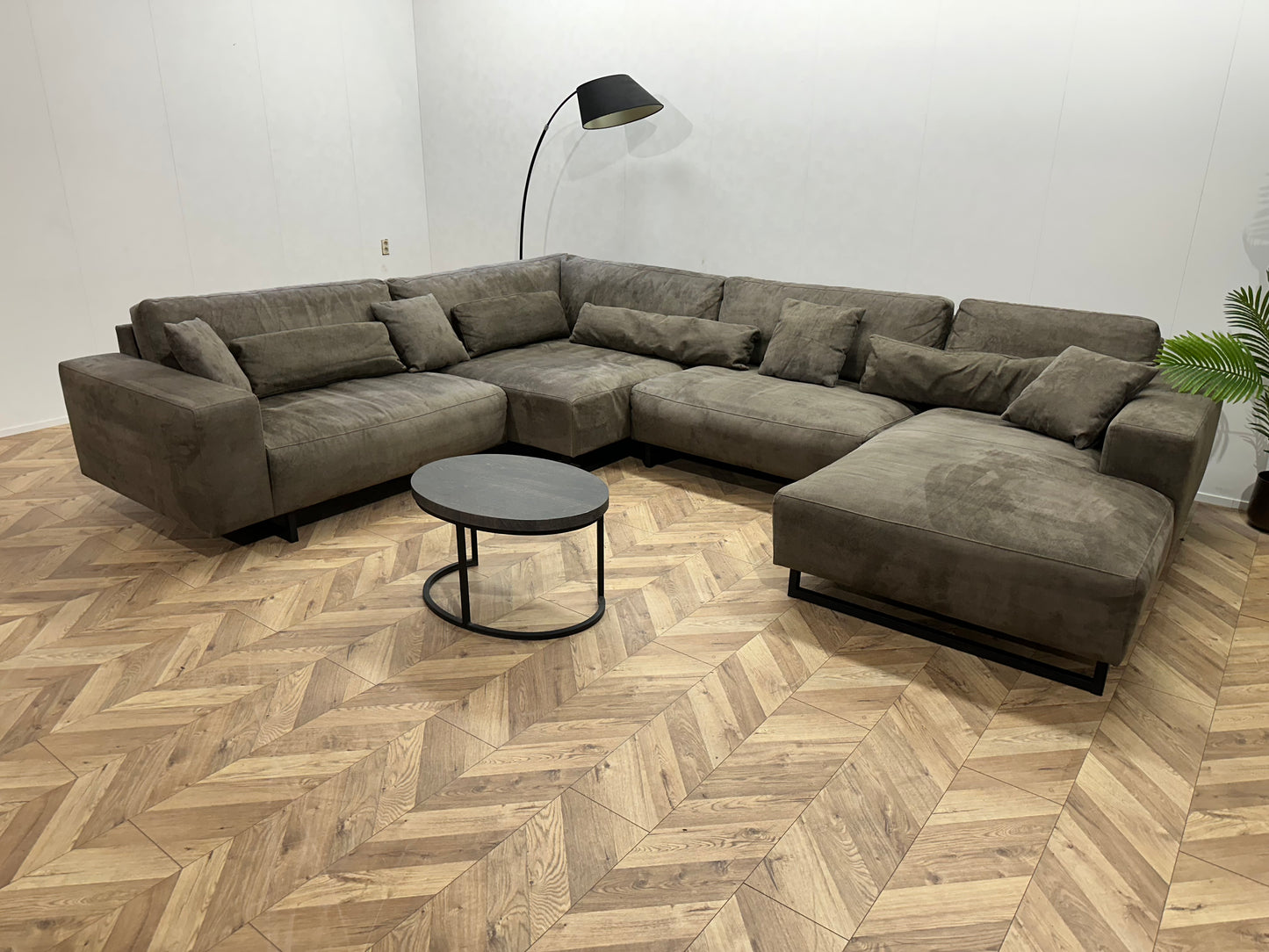 Suède Leather Look Leger Groene U Bank ~ Losse Rugkussens Met Afneembare Hoezen