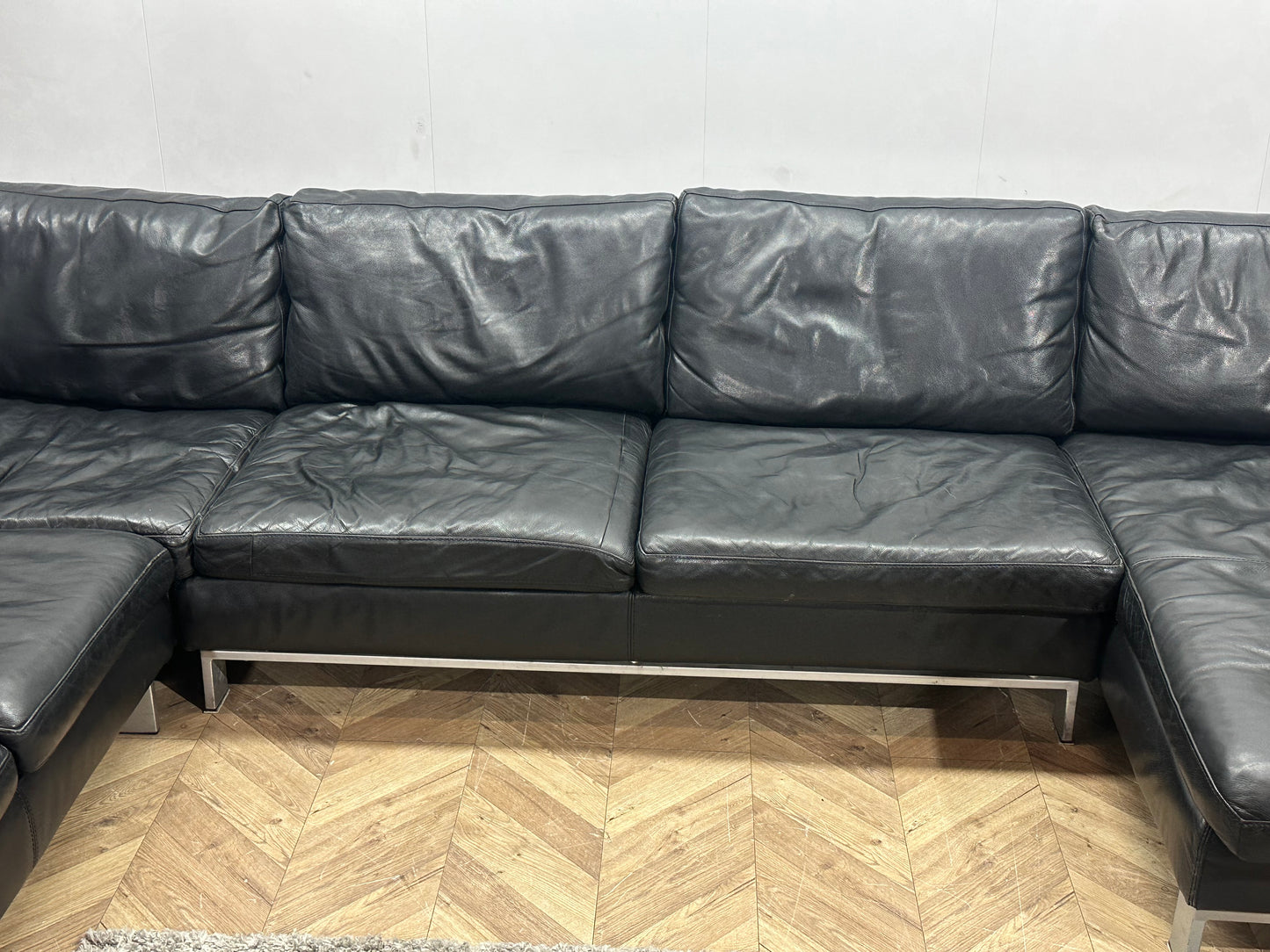 Leatherworld Zwarte Echt Lederen U Bank ~ Losse Kussens Met Afneembare Hoezen