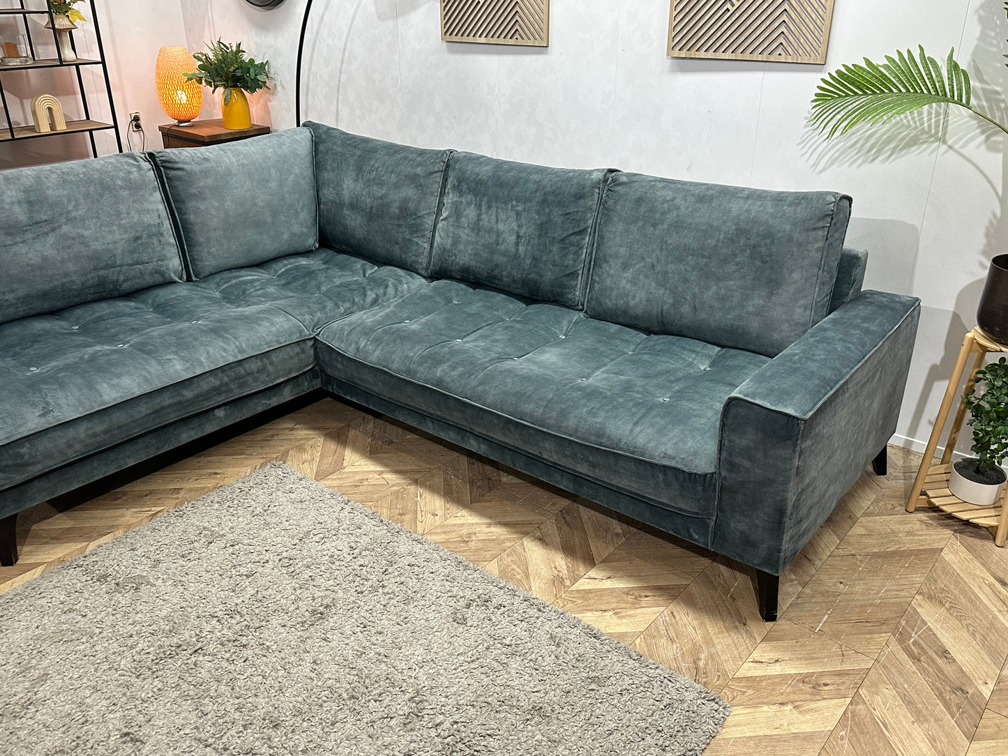 Blauwe/Grijze Velvet Hoekbank ~ Losse Rugkussens Met Afneembare Hoezen