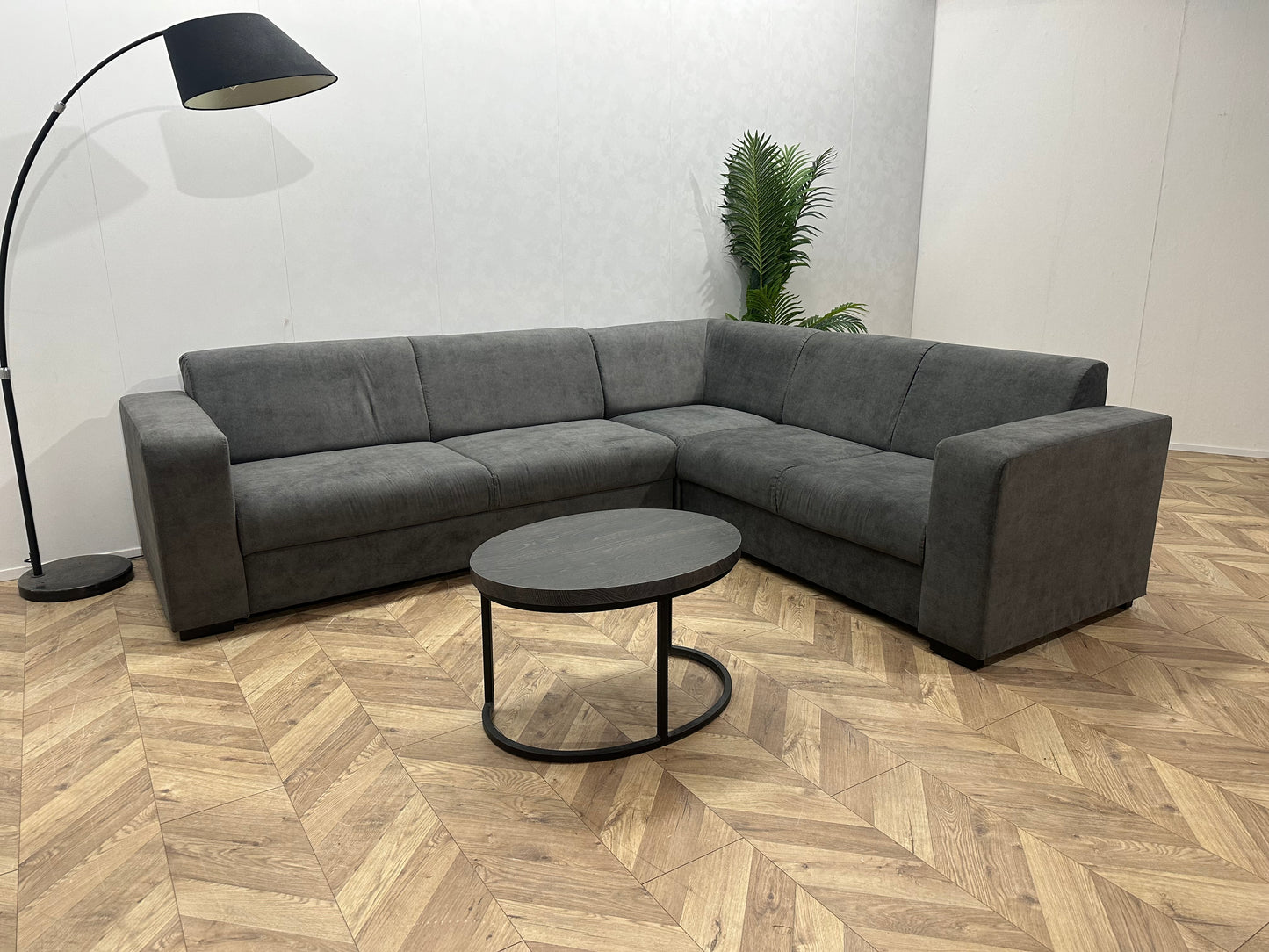 !Showroommodel! Antraciet Suède Stoffen Hoekbank