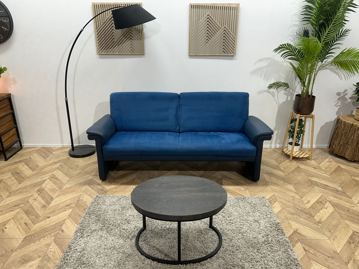 Blauwe Velvet/Lederen 2.5-Zits Bank ~ Vaste Kussens