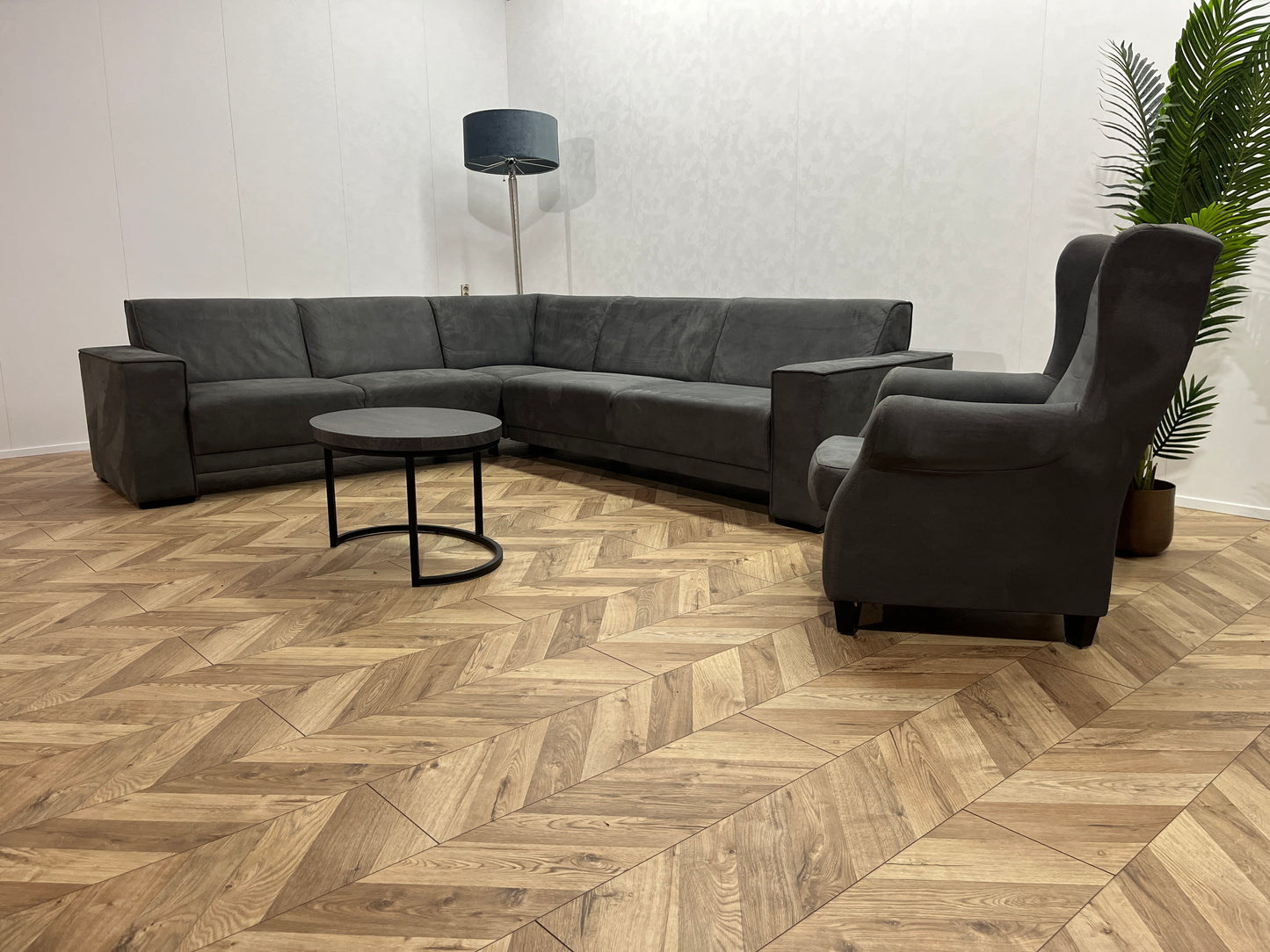 Antraciet Suède Leer Hoekbank Inc. Fauteuil