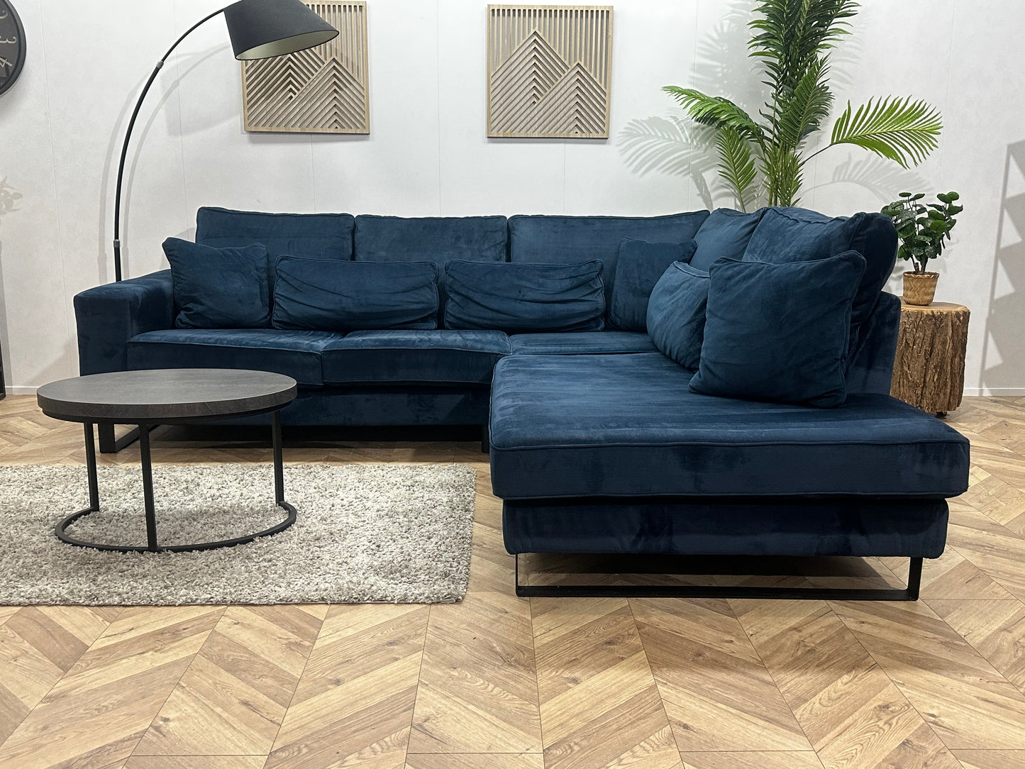 Blauwe Velvet Hoekbank ~ Losse Kussens Met Afneembare Hoezen