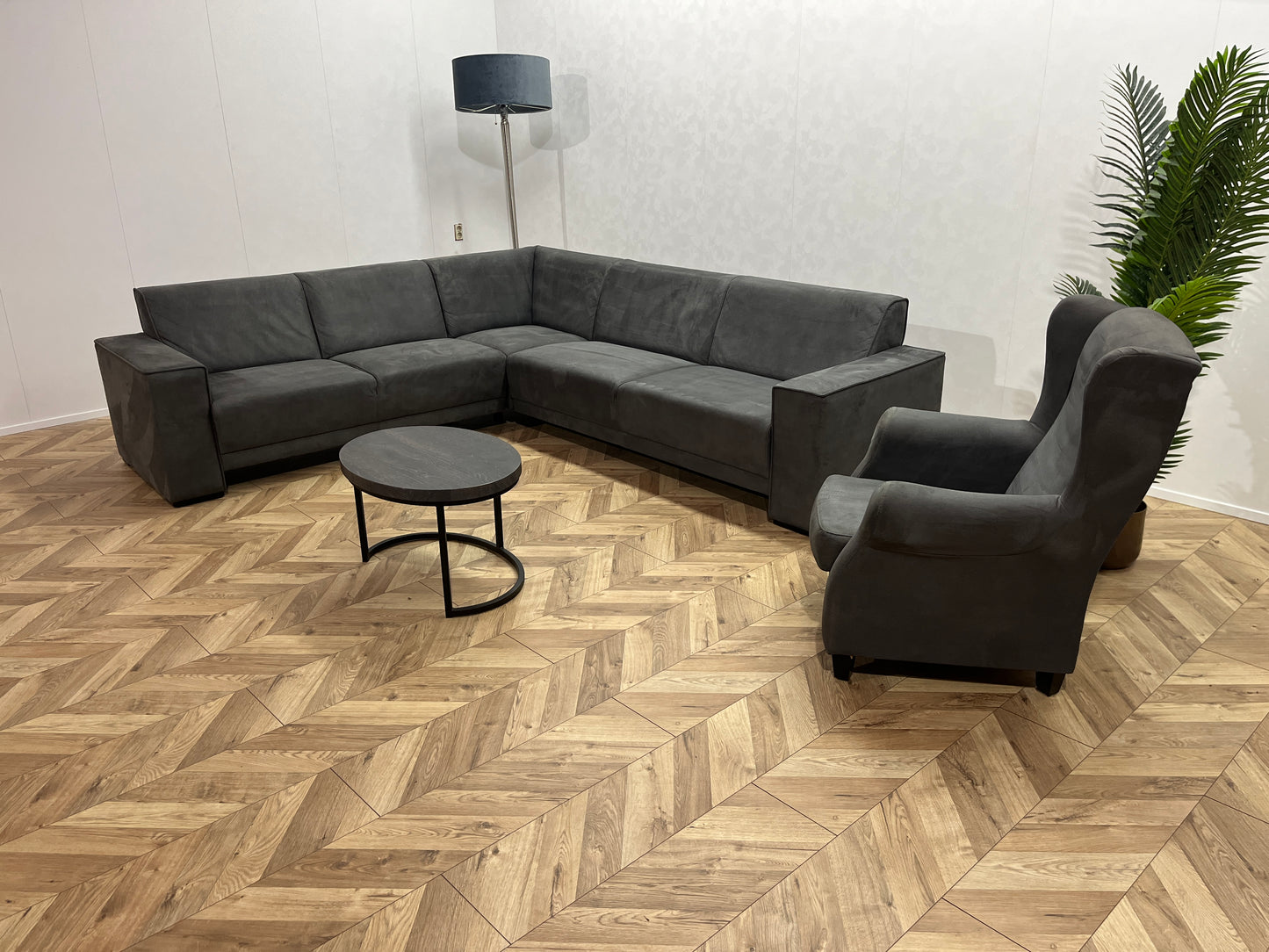 Antraciet Suède Leer Hoekbank Inc. Fauteuil