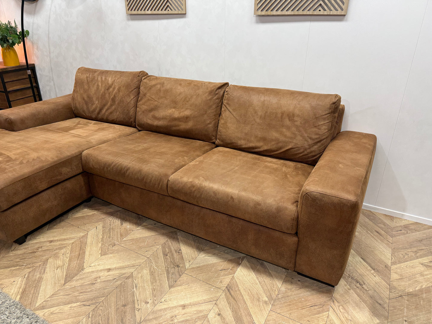 Cognac Bruine Suède Lederen Hoekbank Incl. Fauteuil