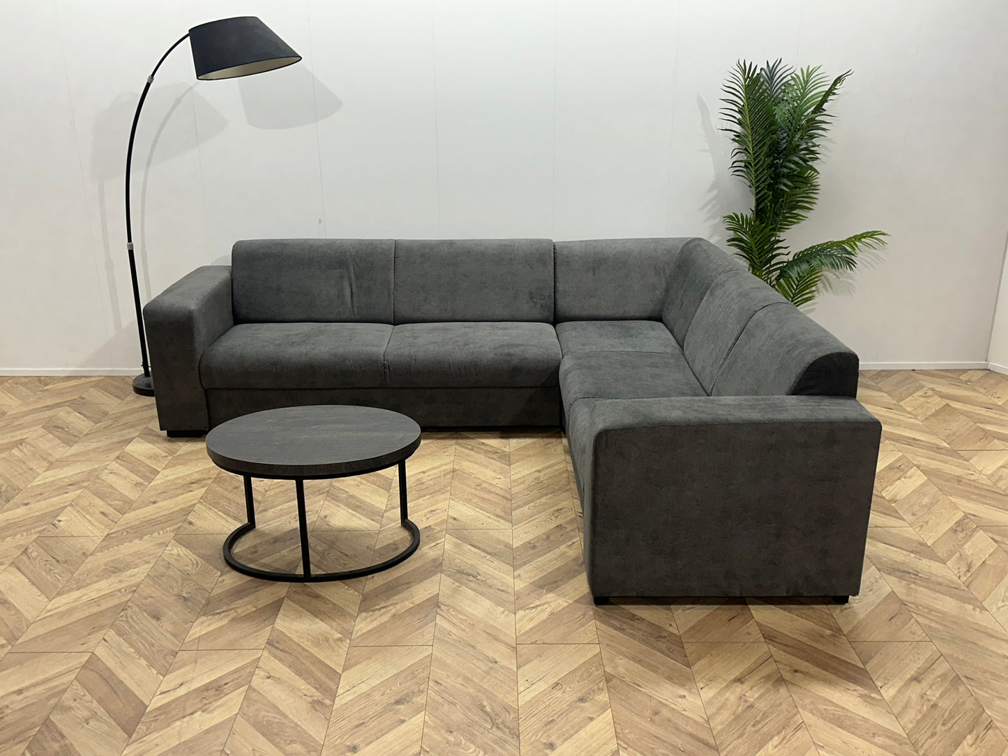 !Showroommodel! Antraciet Suède Stoffen Hoekbank