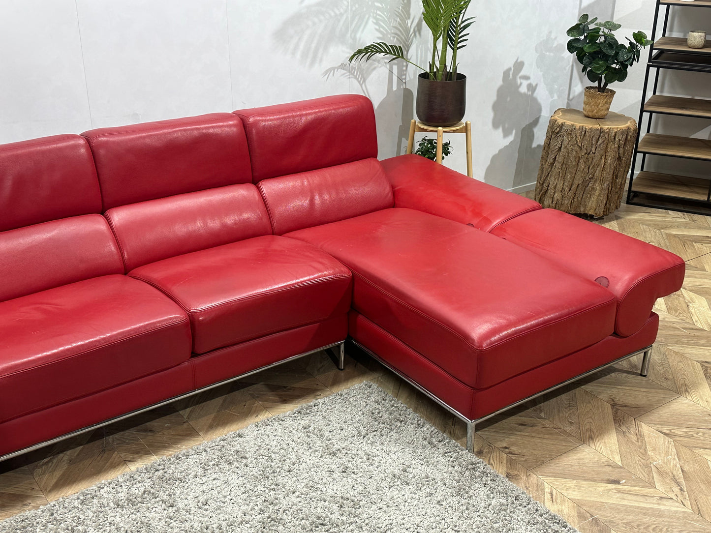 Rode Echt Lederen Hoekbank ~ Verstelbare Arm/Hoofdsteunen