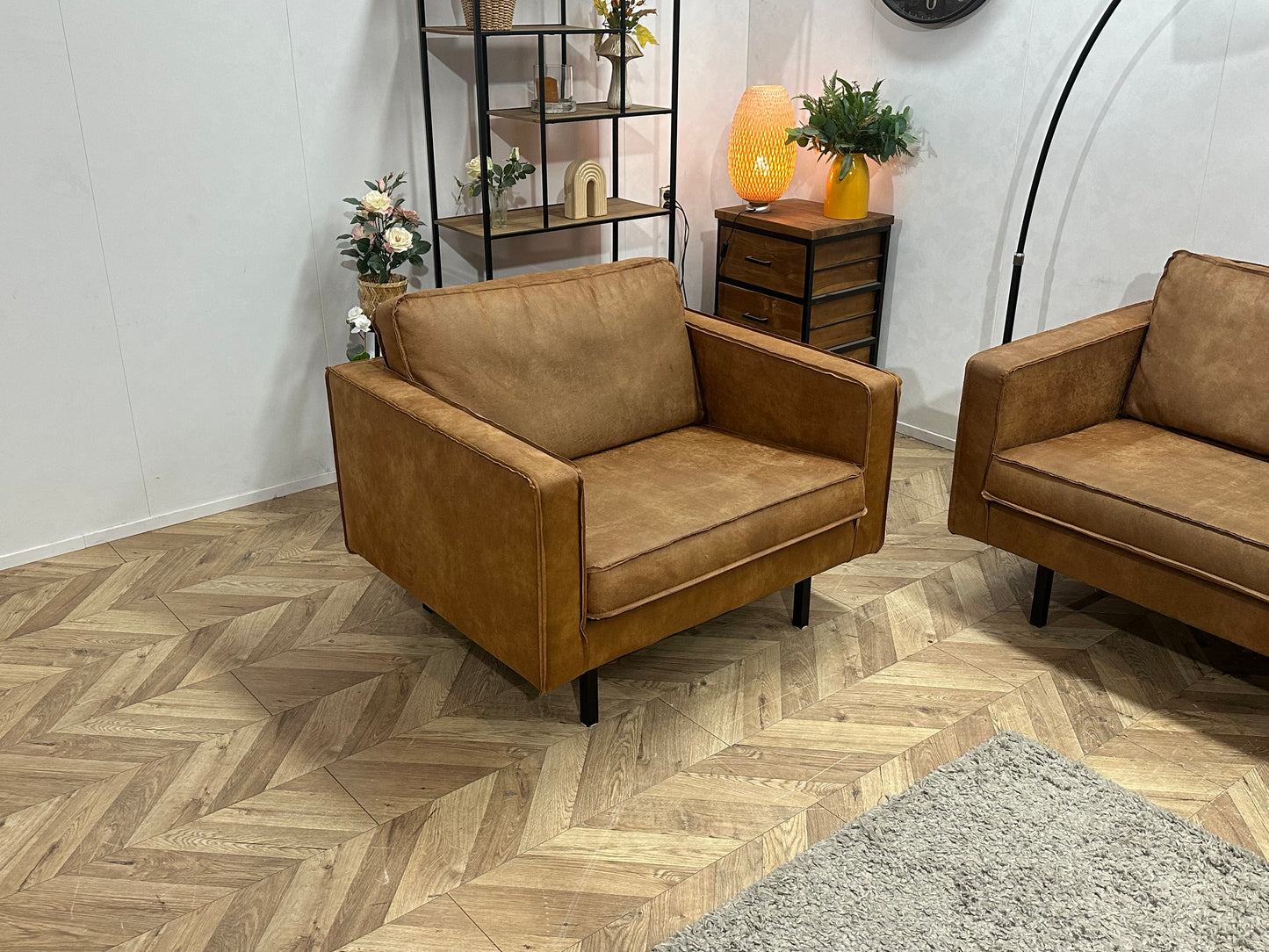 Be Pure Cognac Bruine Suède Stoffen 3-Zits Bank Inc Fauteuil ~ Losse Kussens Met Afneembare Hoezen