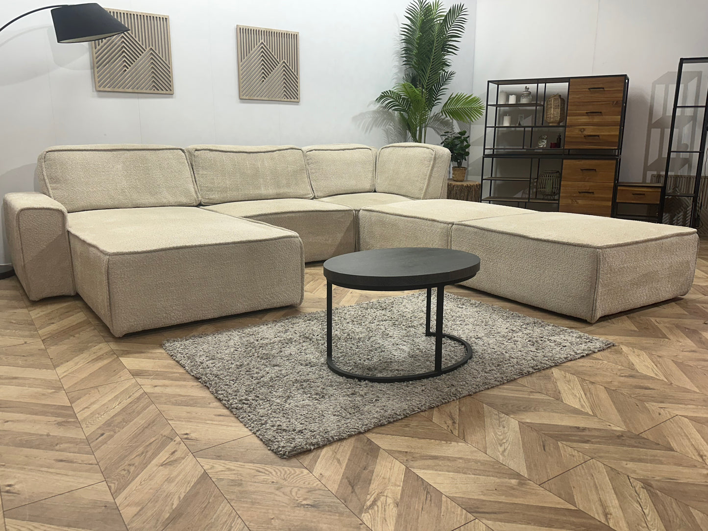 Crème Modulaire Bouclé Stoffen U Bank ~ Losse Rugkussens Met Afneembare Hoezen