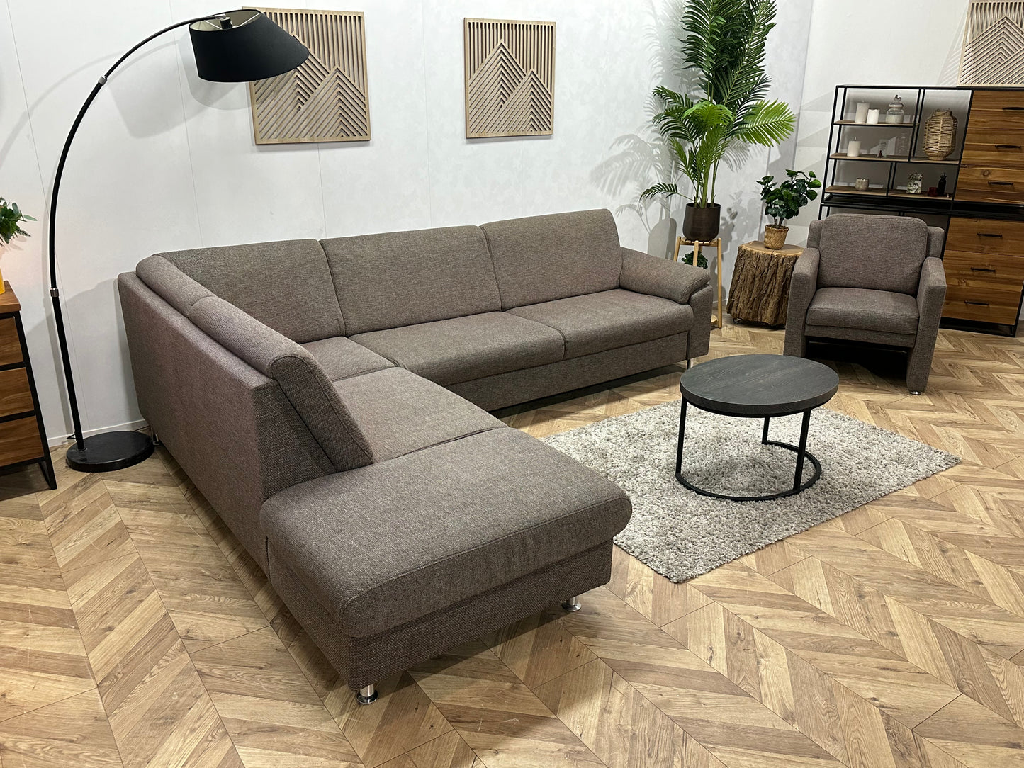 Grijze/Bruine Hoekbank Inc Fauteuil ~ Vaste Kussens