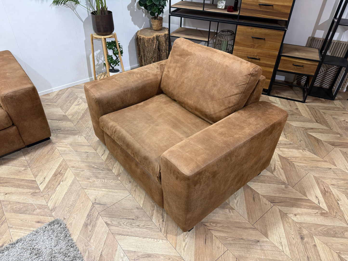 Cognac Bruine Suède Lederen Hoekbank Incl. Fauteuil