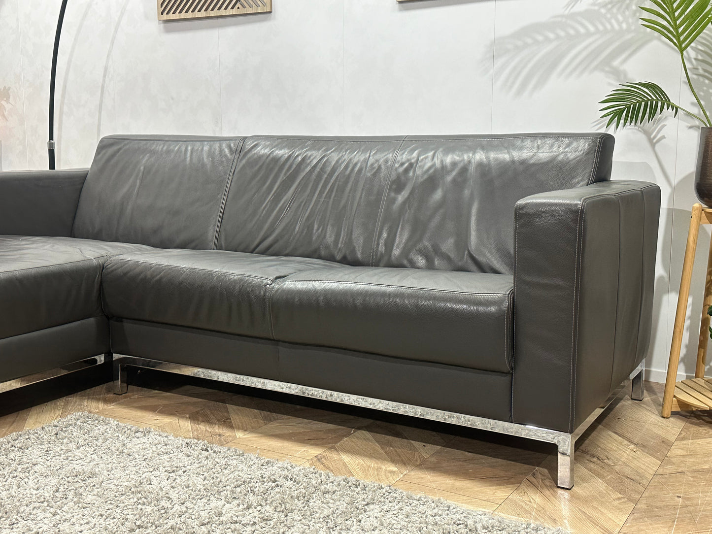 Montèl Antraciet Echt Lederen Hoekbank ~ Vaste Kussens