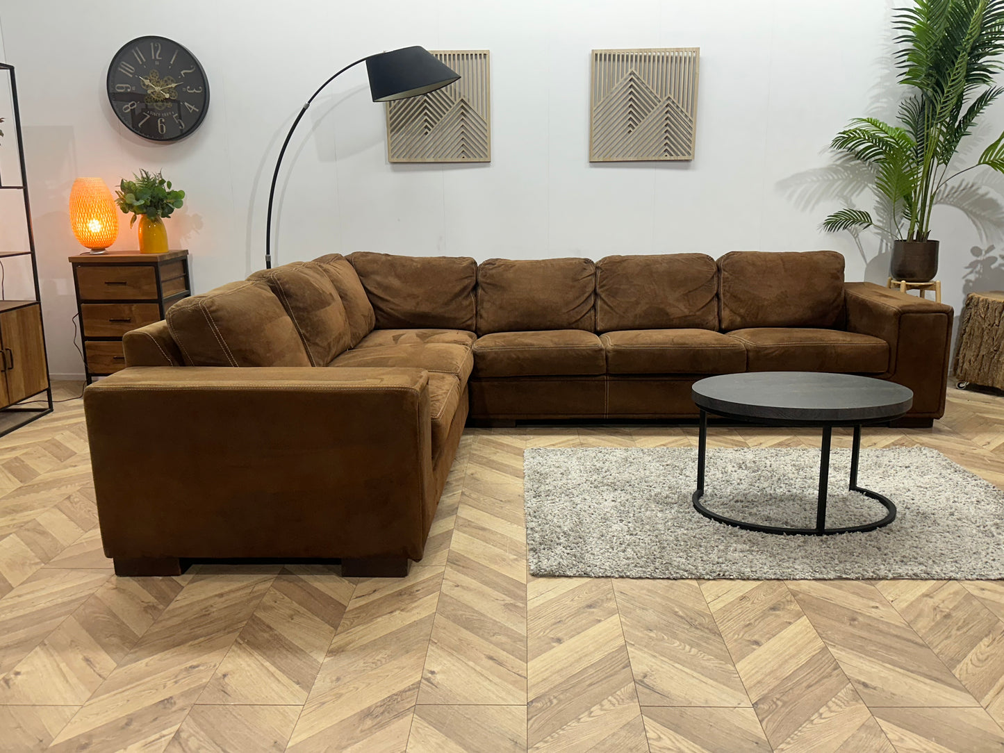 Cognac Bruine Velvet Hoekbank ~ Vaste Kussens