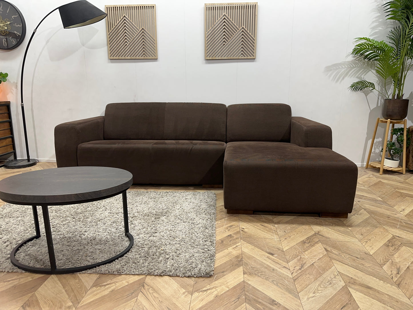 Bruine Ribstof Hoekbank ~ Vaste Kussens