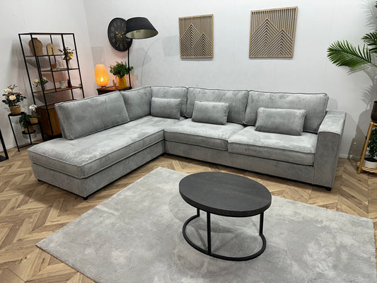 !Showroommodel! Licht Blauwe Ribstof Hoekbank Beide Hoeken Mogelijk