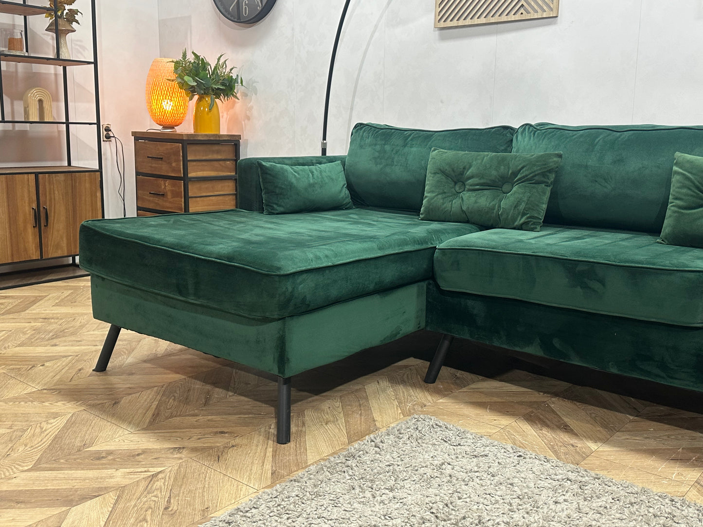 Groene Velvet Hoekbank ~ Losse Kussens Met Afneembare Hoezen
