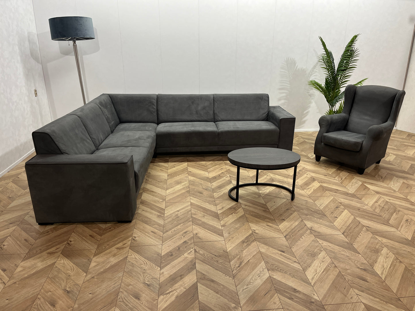 Antraciet Suède Leer Hoekbank Inc. Fauteuil
