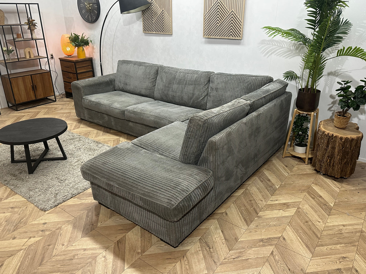 Grijze Ribstof Hoekbank ~ Losse Kussens Met Afneembare Hoezen