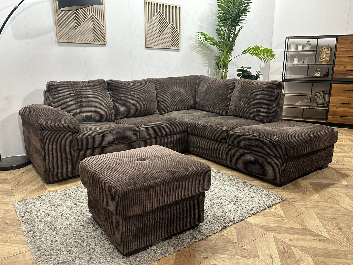 Bruine Ribstof Hoekbank Inc Hocker ~ Vaste Kussens