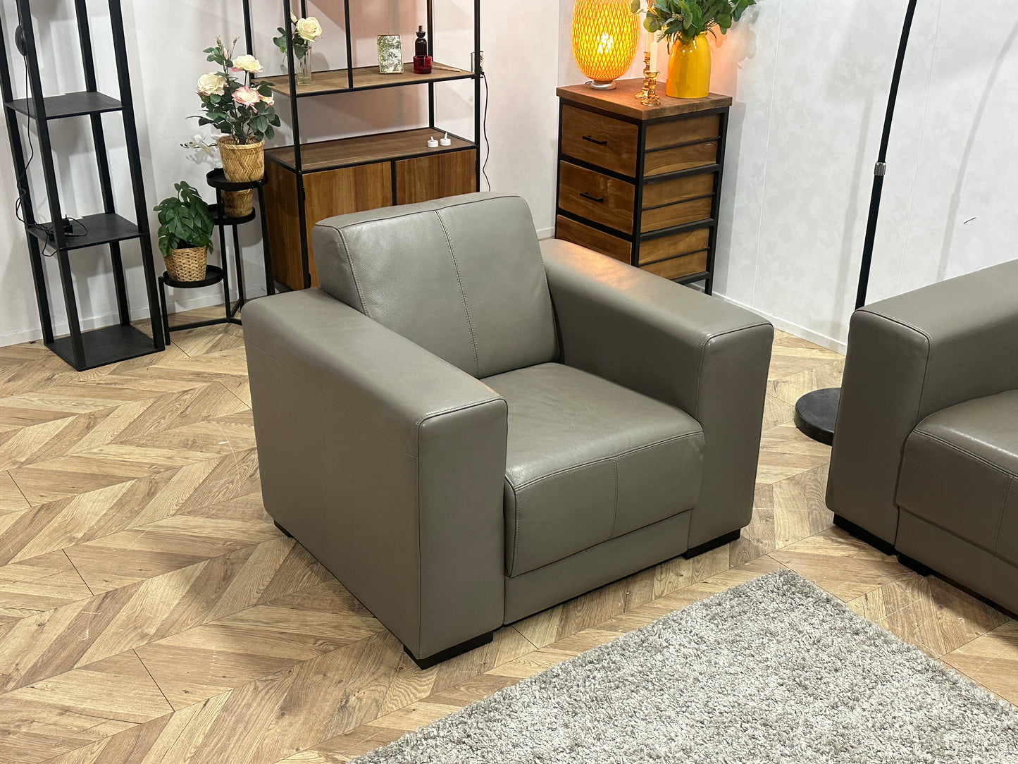 Taupe Echt Lederen 3-Zits Bank Inc Fauteuil ~ Vaste Kussens