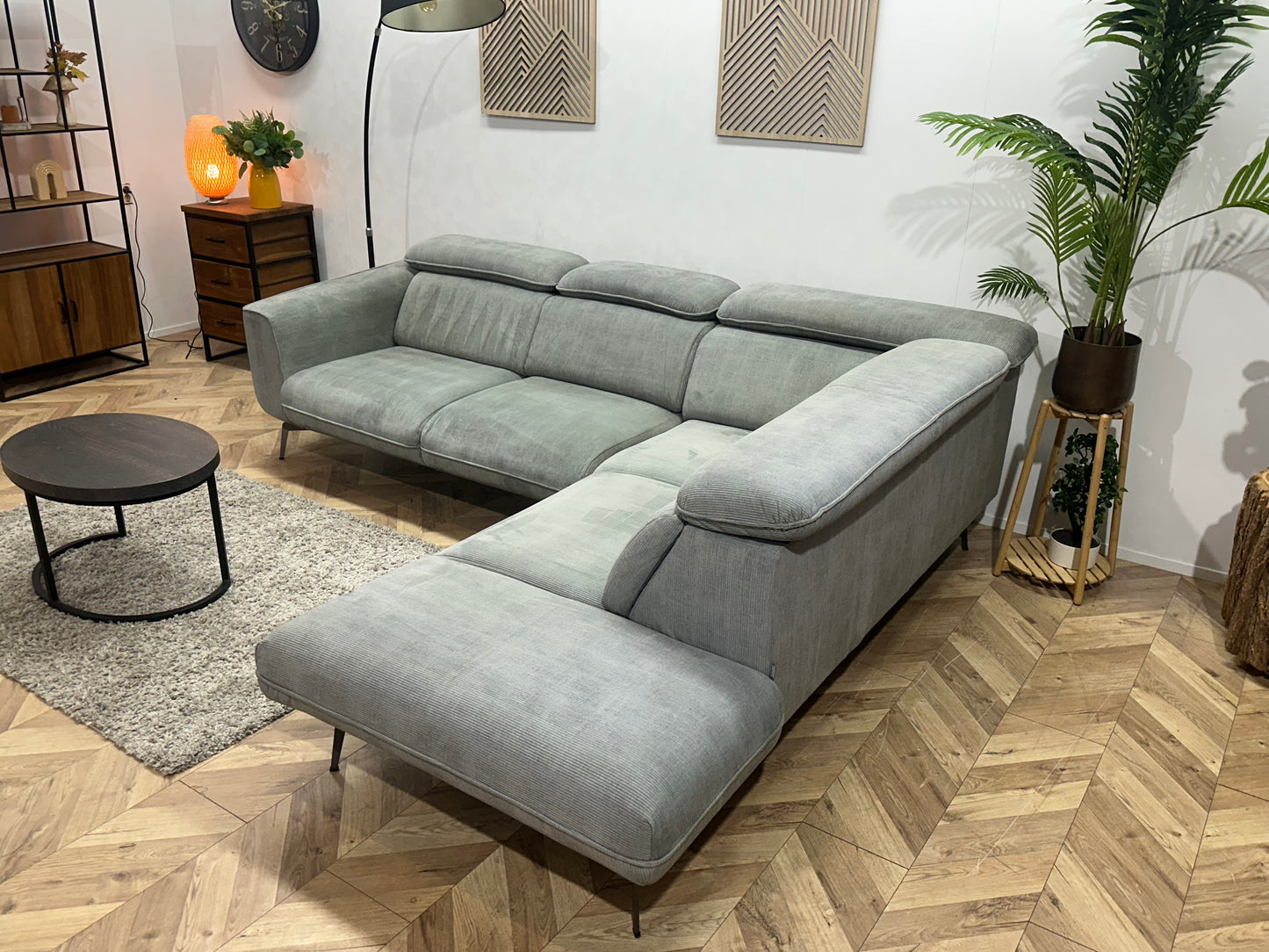 Xooon Licht Grijze/Blauwe Ribstof Hoekbank ~ Verstelbare Hoofdsteunen