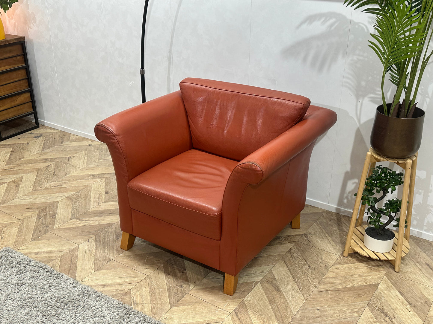 Licht Rode Echt Lederen Fauteuil ~ Losse Rugkussen Met Afneembare Hoes